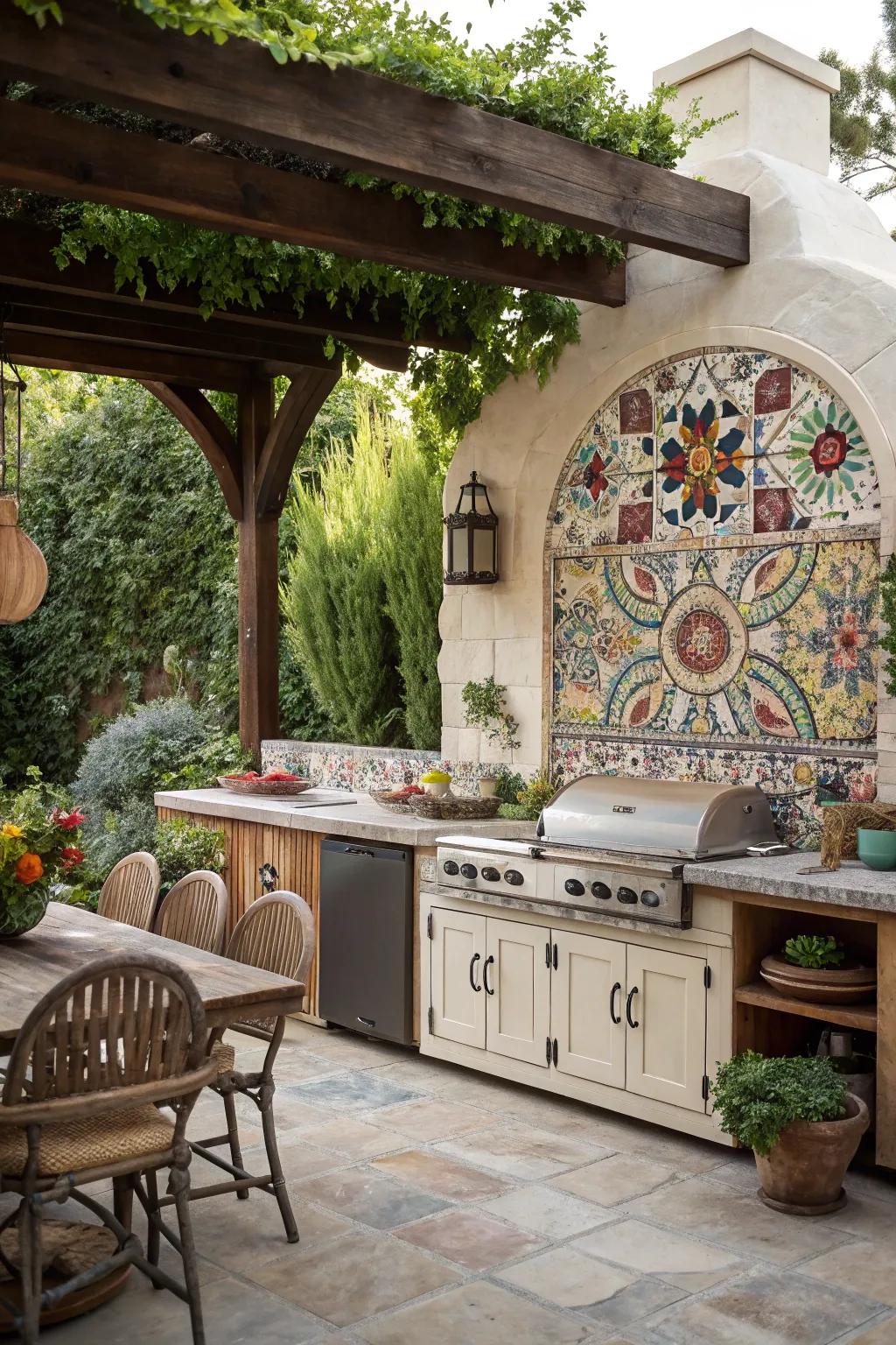 Mosaic backsplashes elevate outdoor kitchen aesthetics.