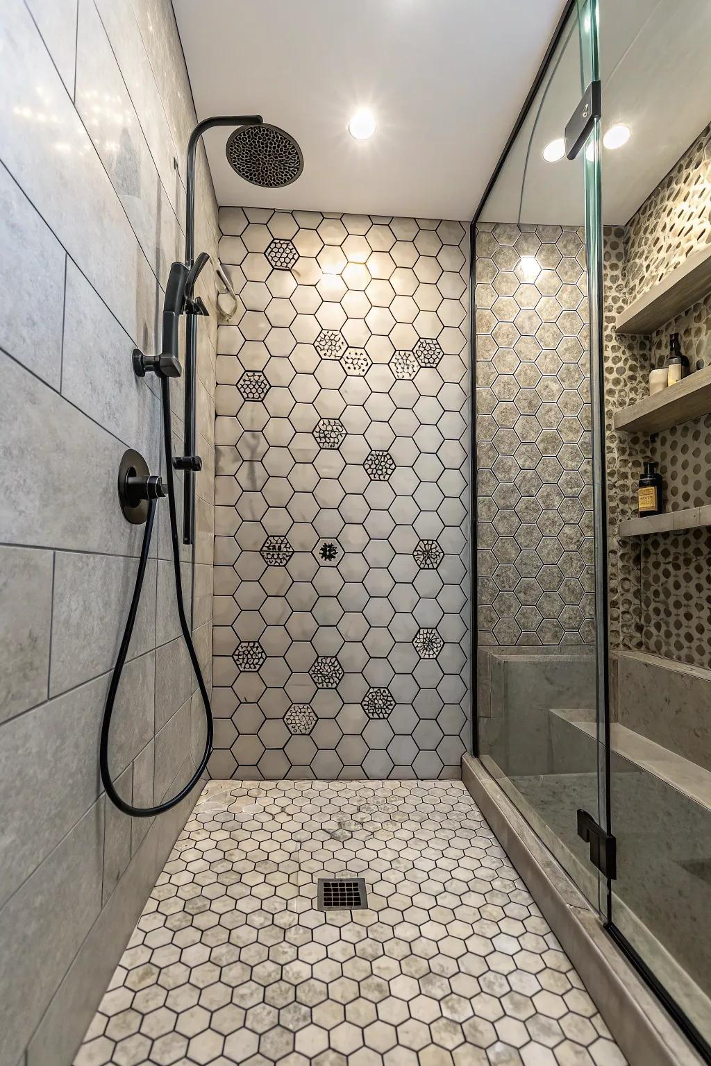 Hexagon mosaics offer a balanced and elegant shower design.