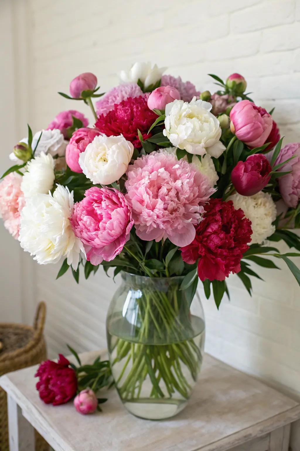 A stunning peony centerpiece adds elegance and joy to the Mother's Day table.