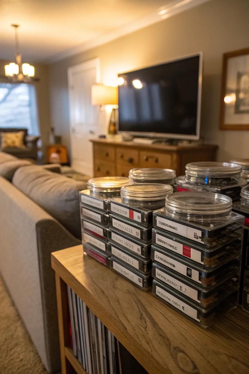 Mason jars offering a creative solution for storing digital movie drives.