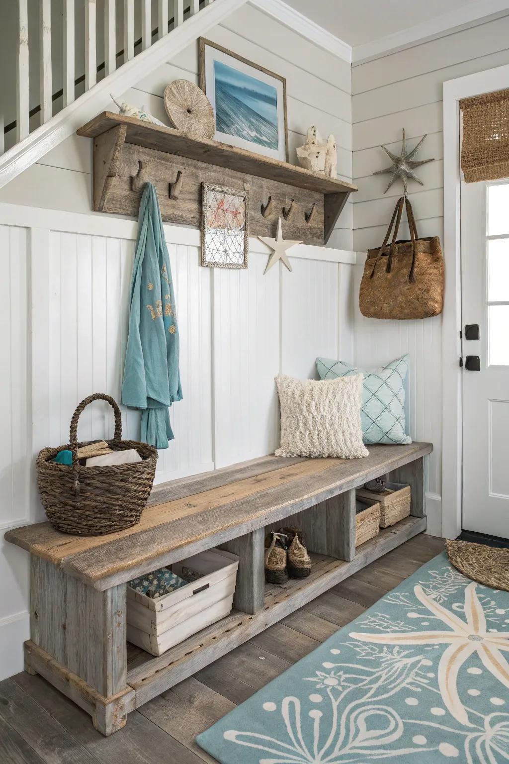 Beach house inspired benches add a coastal touch to mudrooms.