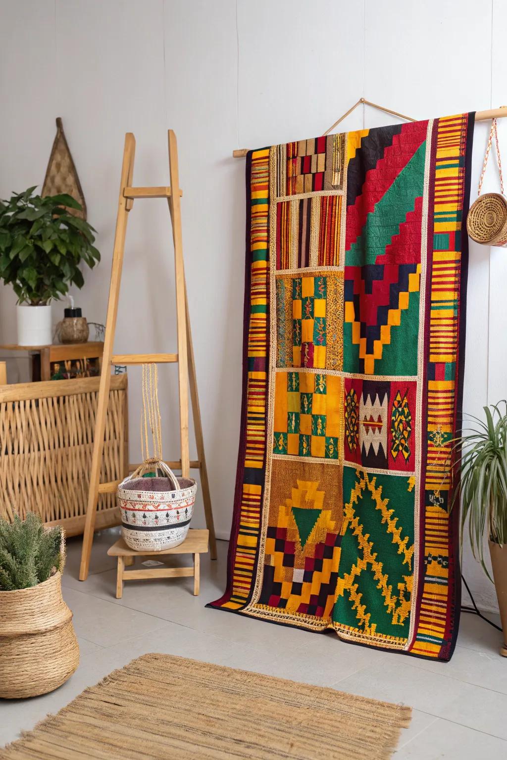 Ghanaian Kente cloth panels bring vibrant color and cultural richness to decor.