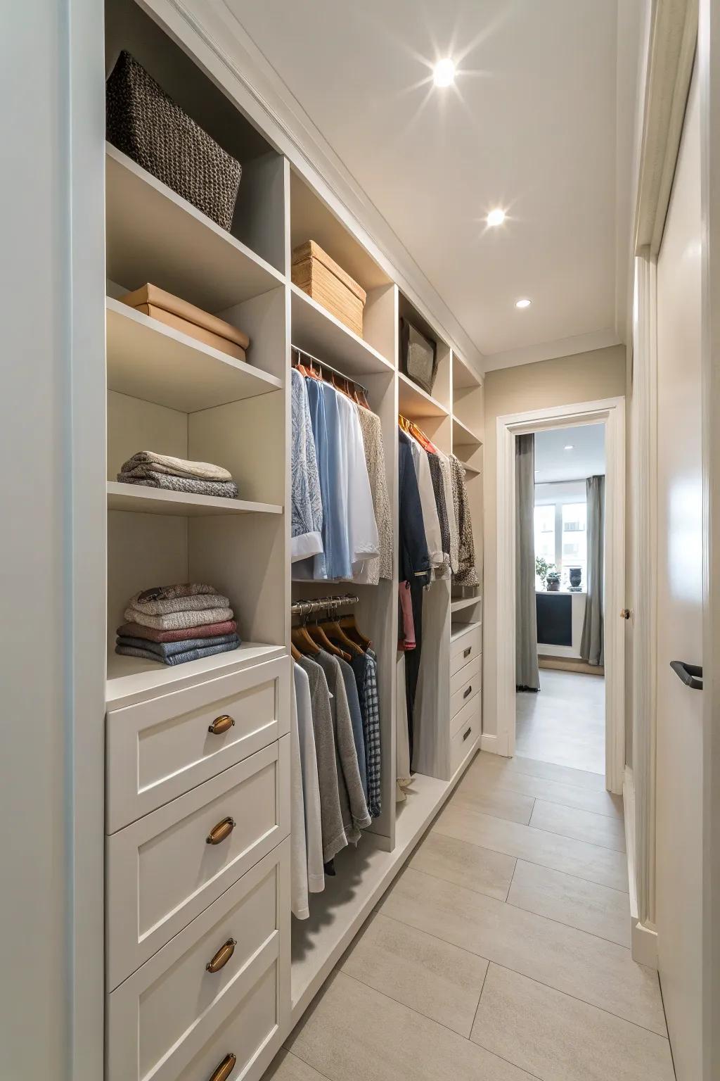 Light colors create a serene and spacious feel in narrow closets.