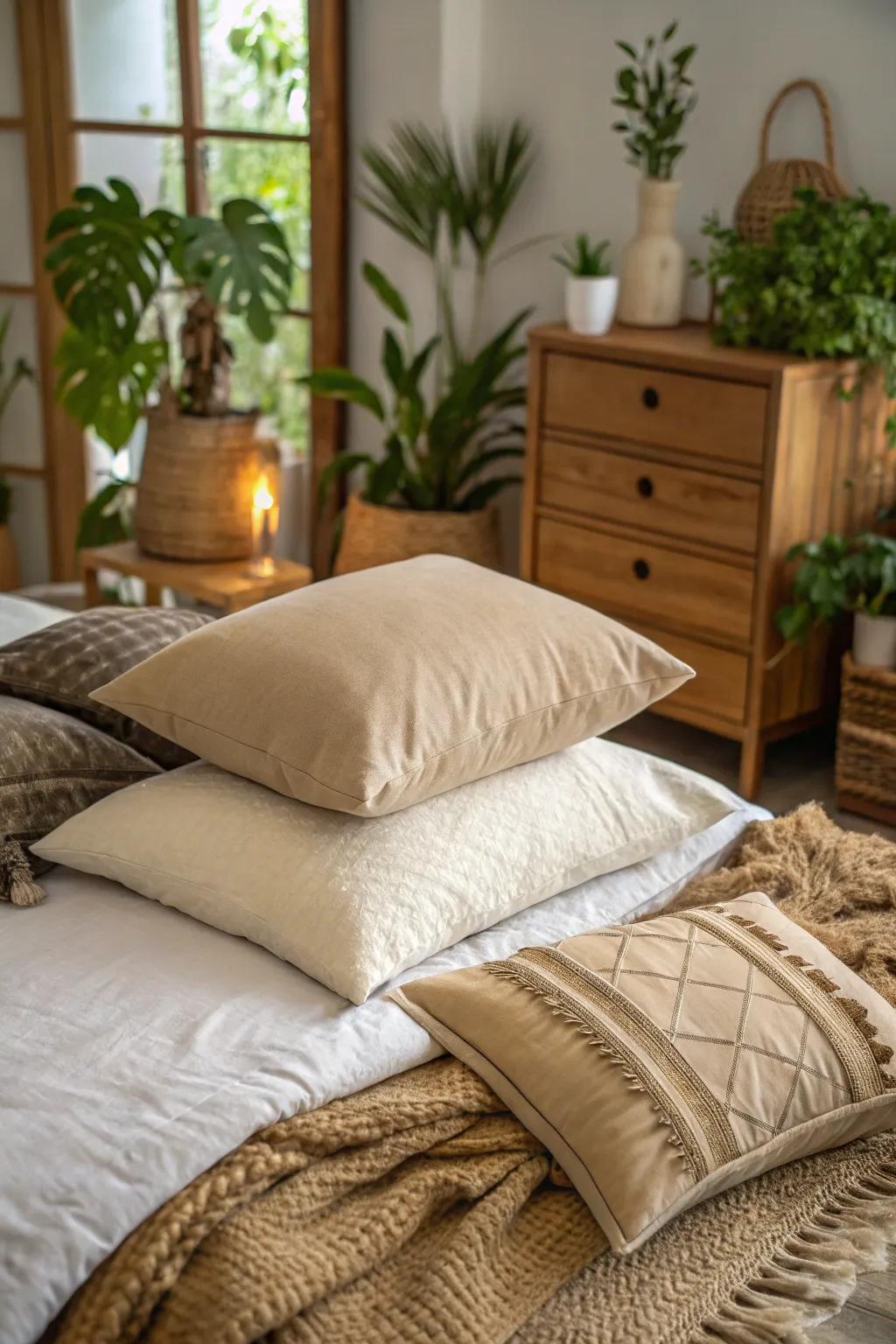 Organic pillows for supportive comfort.