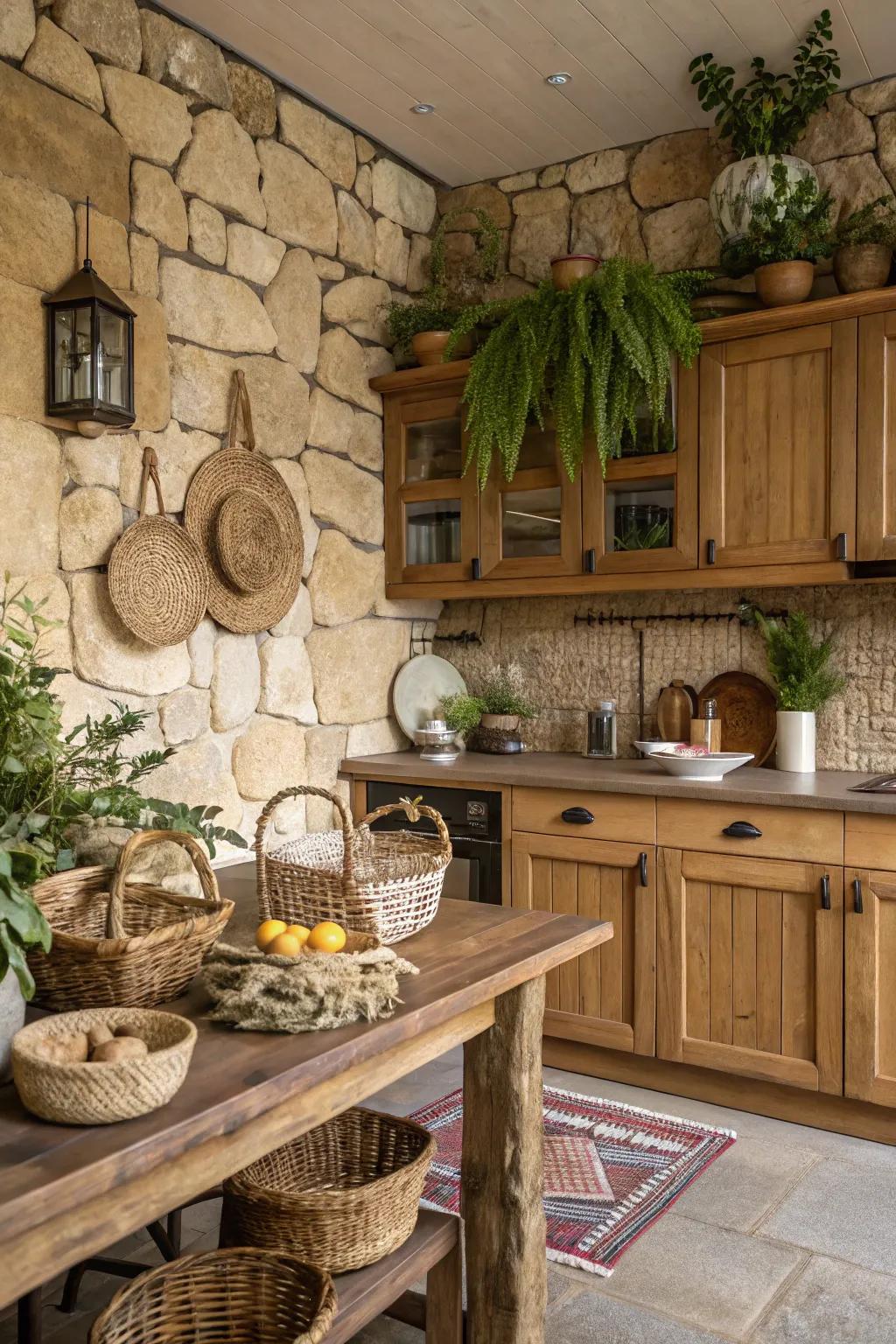 Rustic kitchen with an organic sandstone backsplash.