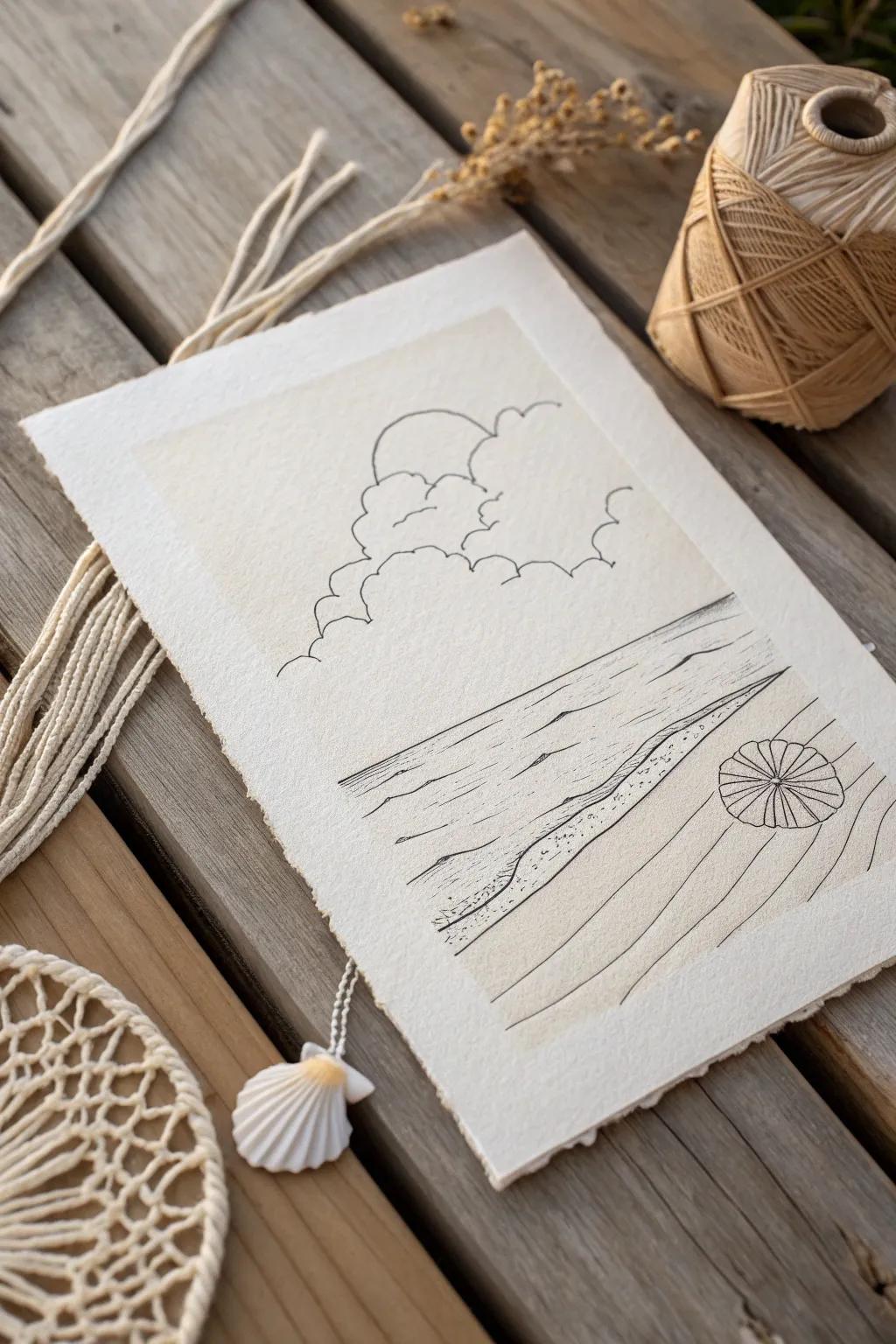 Escape to serenity with a simple beach scene captured in minimalist lines—your mini vacation on paper.