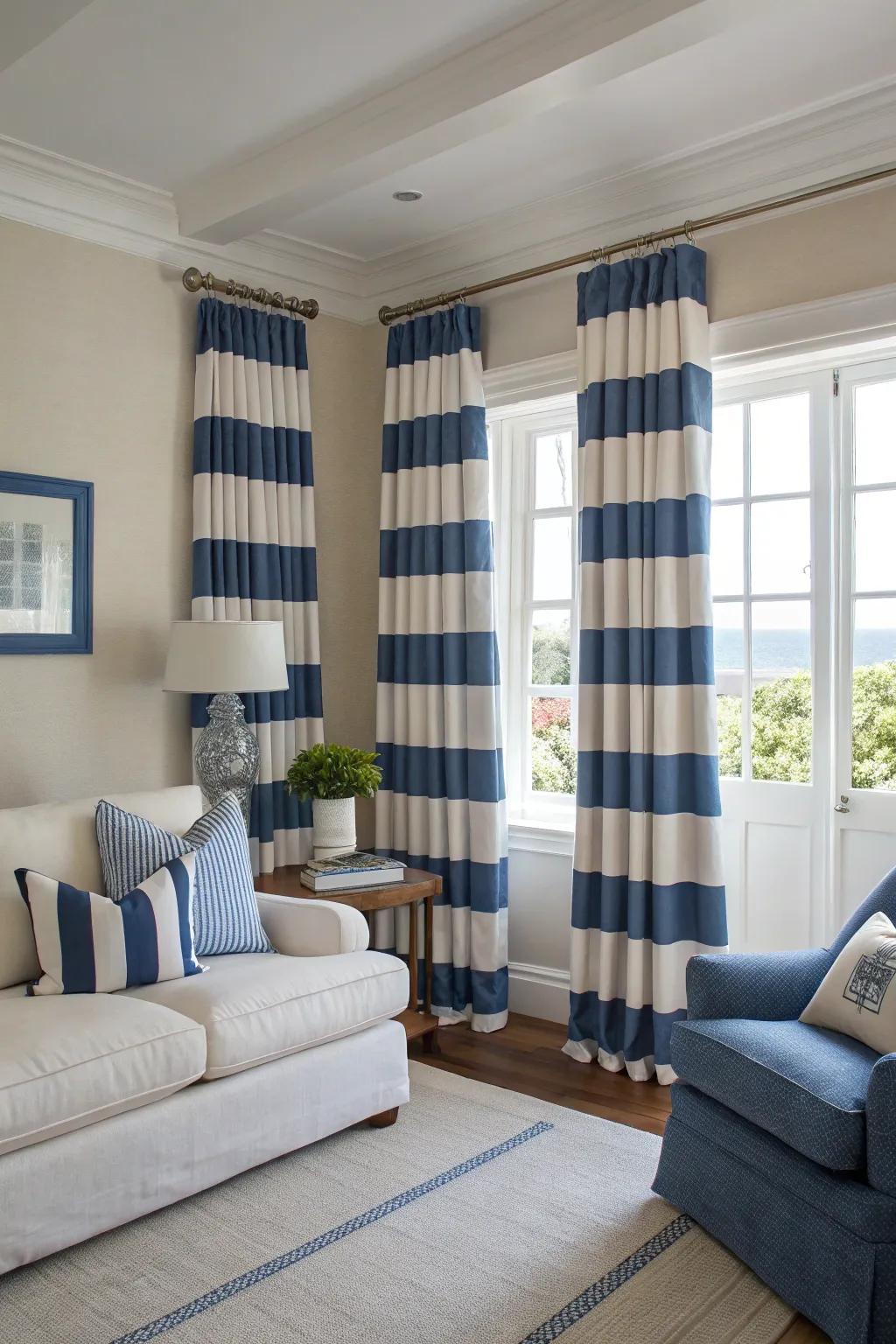 Nautical stripes bring a classic and timeless look to your living room.