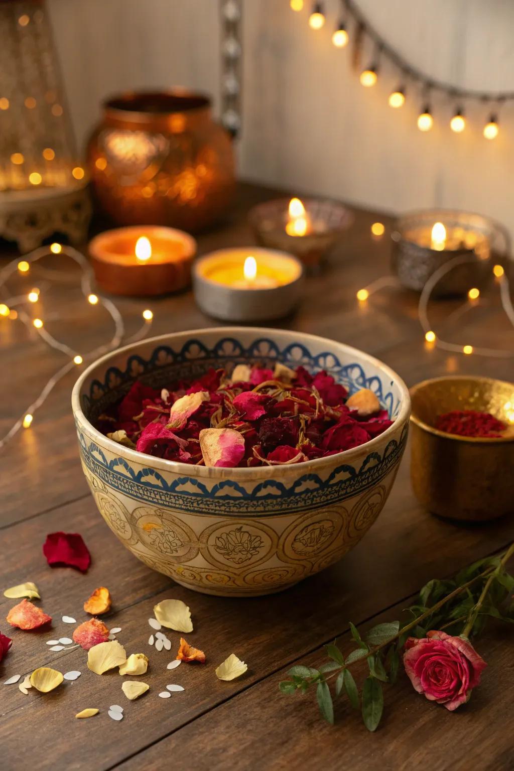 A decorative bowl filled with potpourri to add fragrance for Navratri.