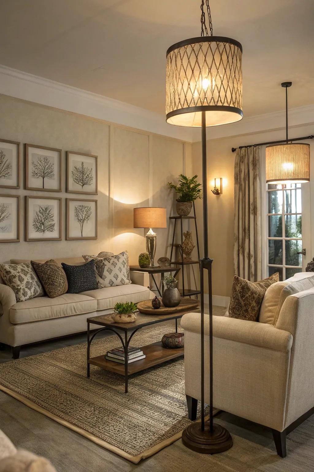 Layered lighting adds warmth and depth to neutral decor.