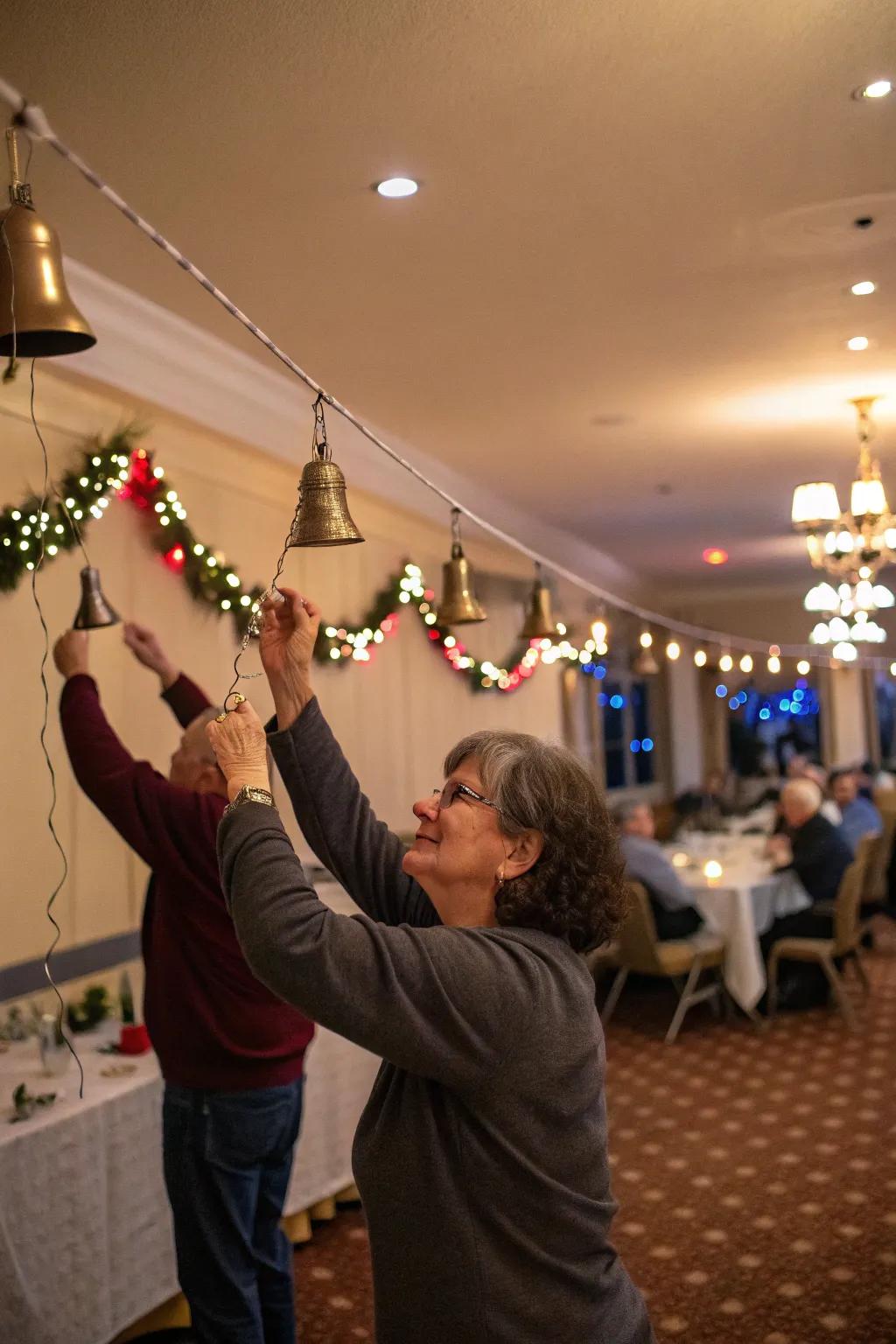 Guests stealthily hanging bells without getting caught in a sneaky game.