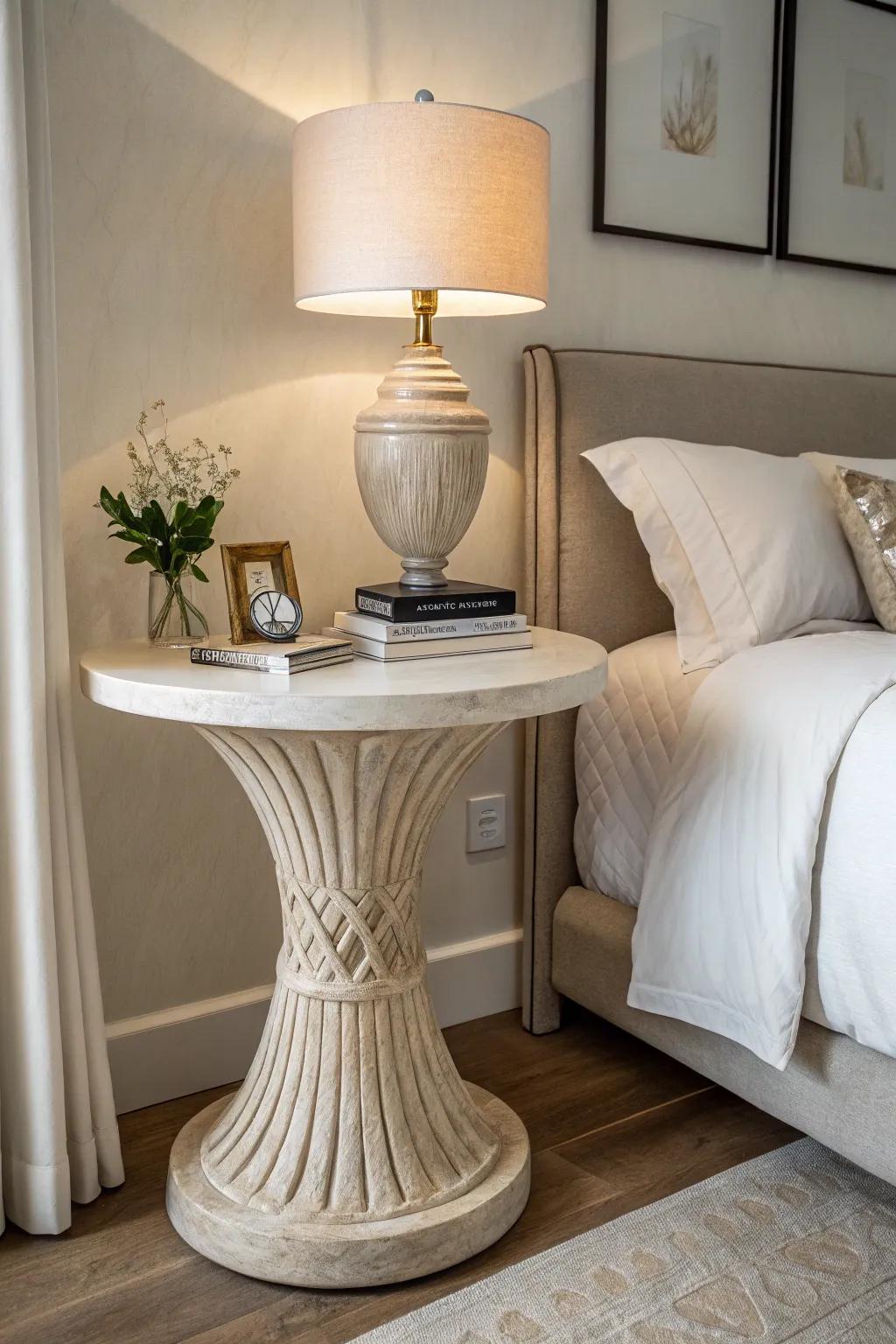 A pedestal nightstand adding sculptural and artistic flair to the bedroom.