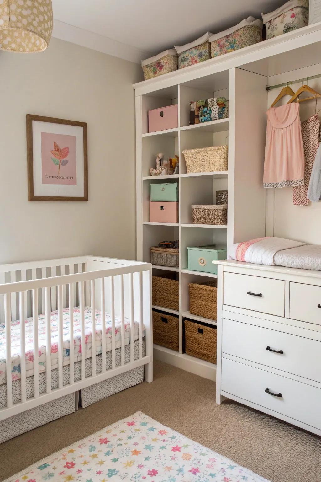 A corner crib makes efficient use of limited space in this nursery.