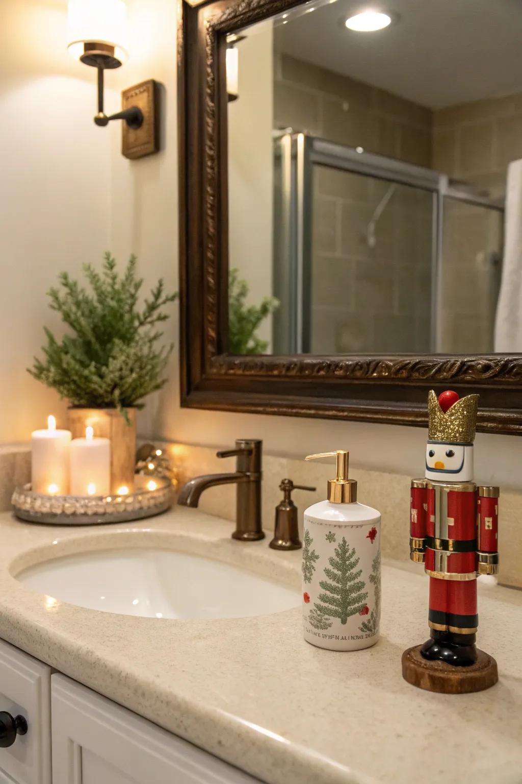 A small nutcracker adds unexpected holiday cheer to the bathroom.