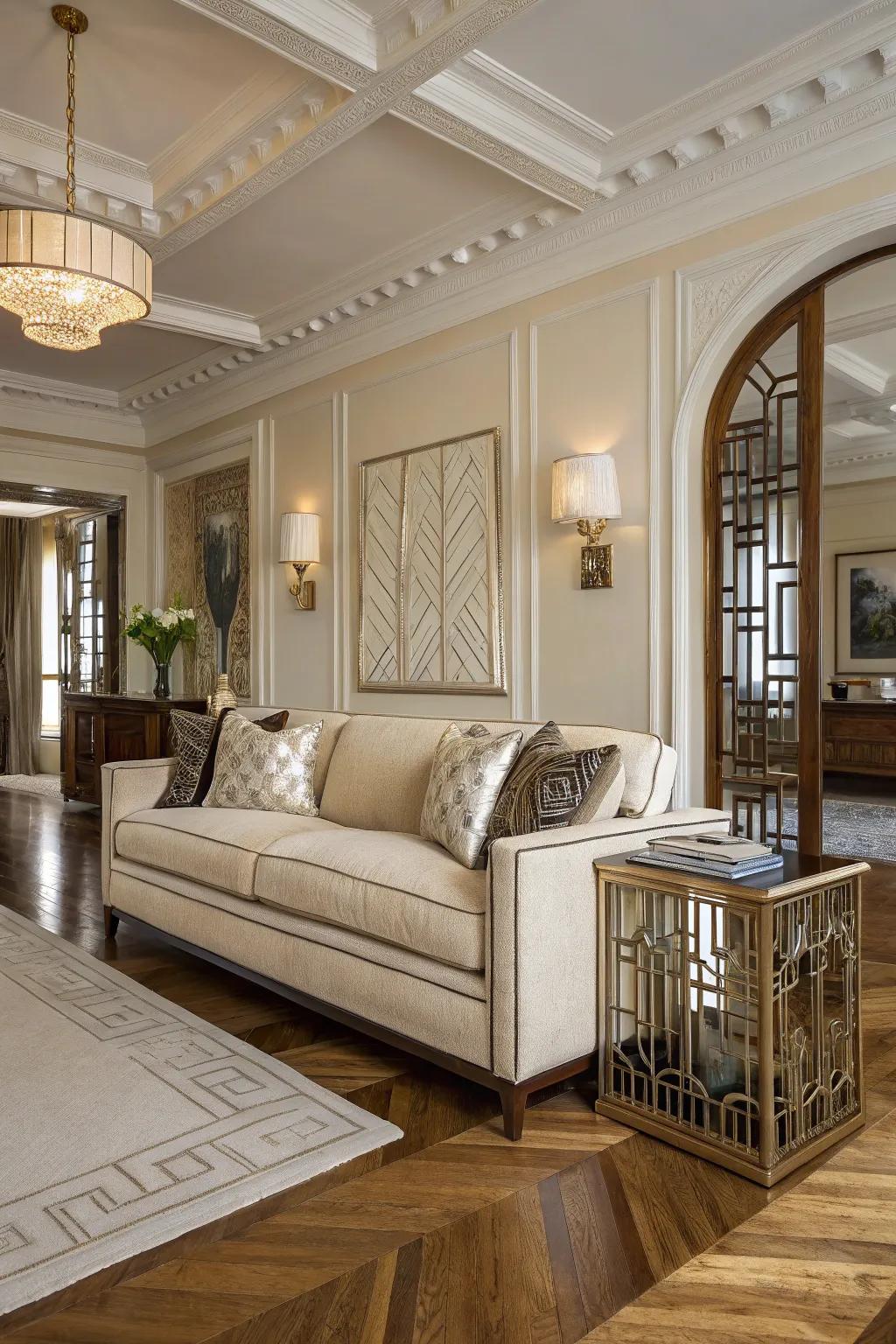 Art Deco elements add a touch of glamour to an oatmeal sofa setting.