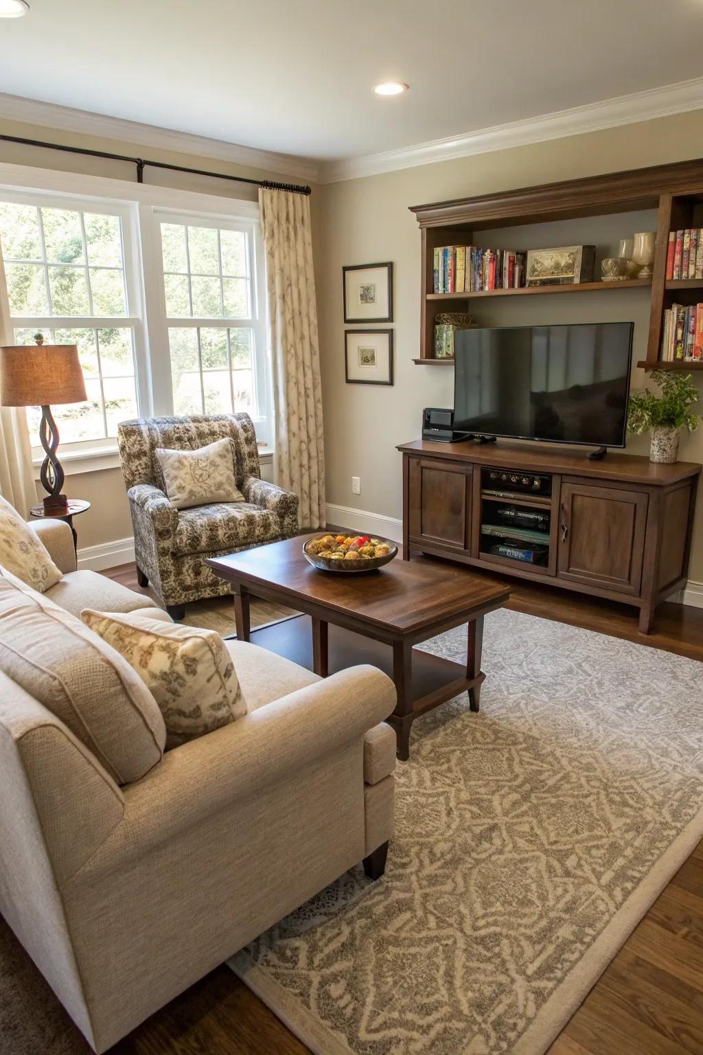 Complementary furniture enhances the balance of your TV setup.