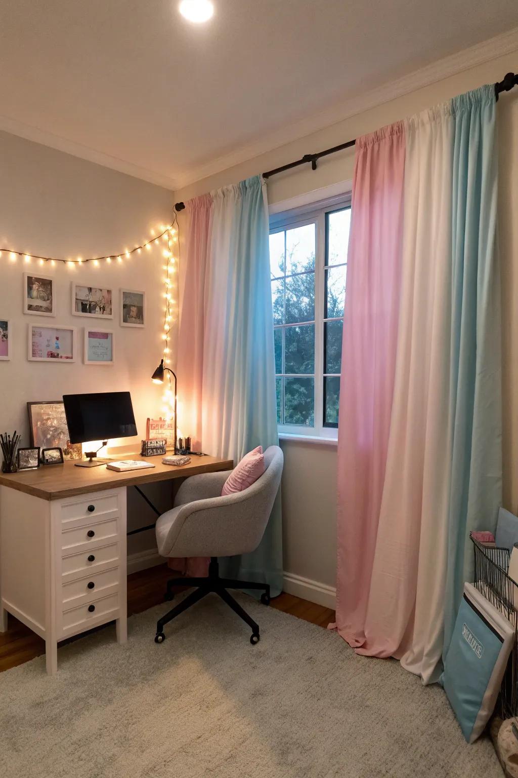 Pastel curtains add a soft and calming touch to the office.