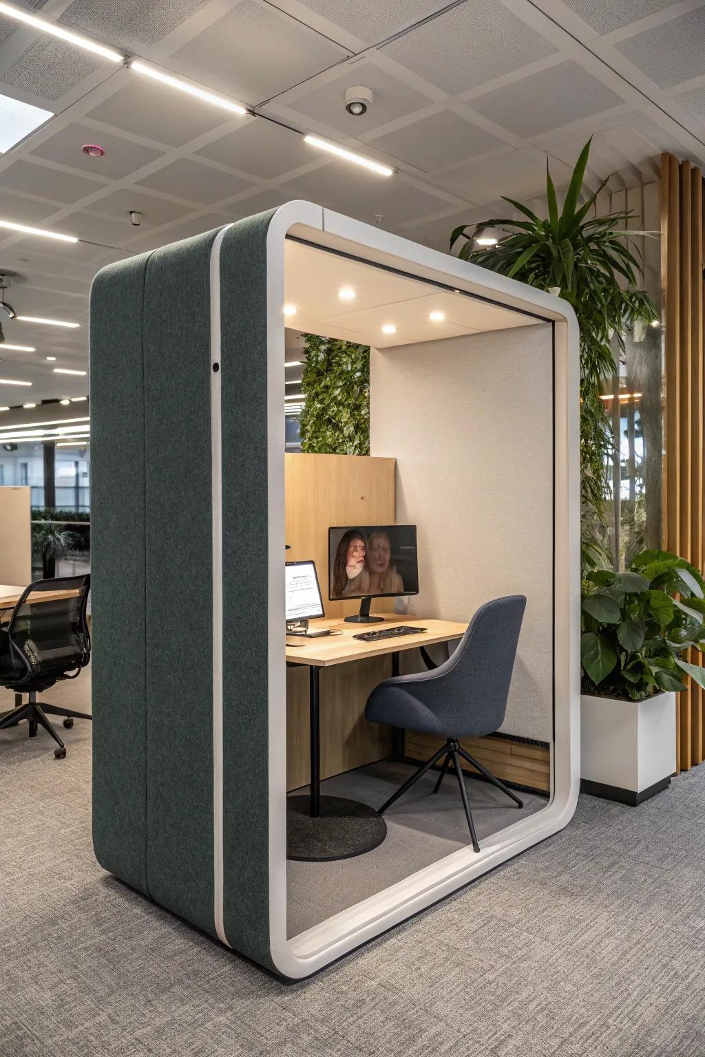 Remote work pods provide secluded spaces for focused tasks.