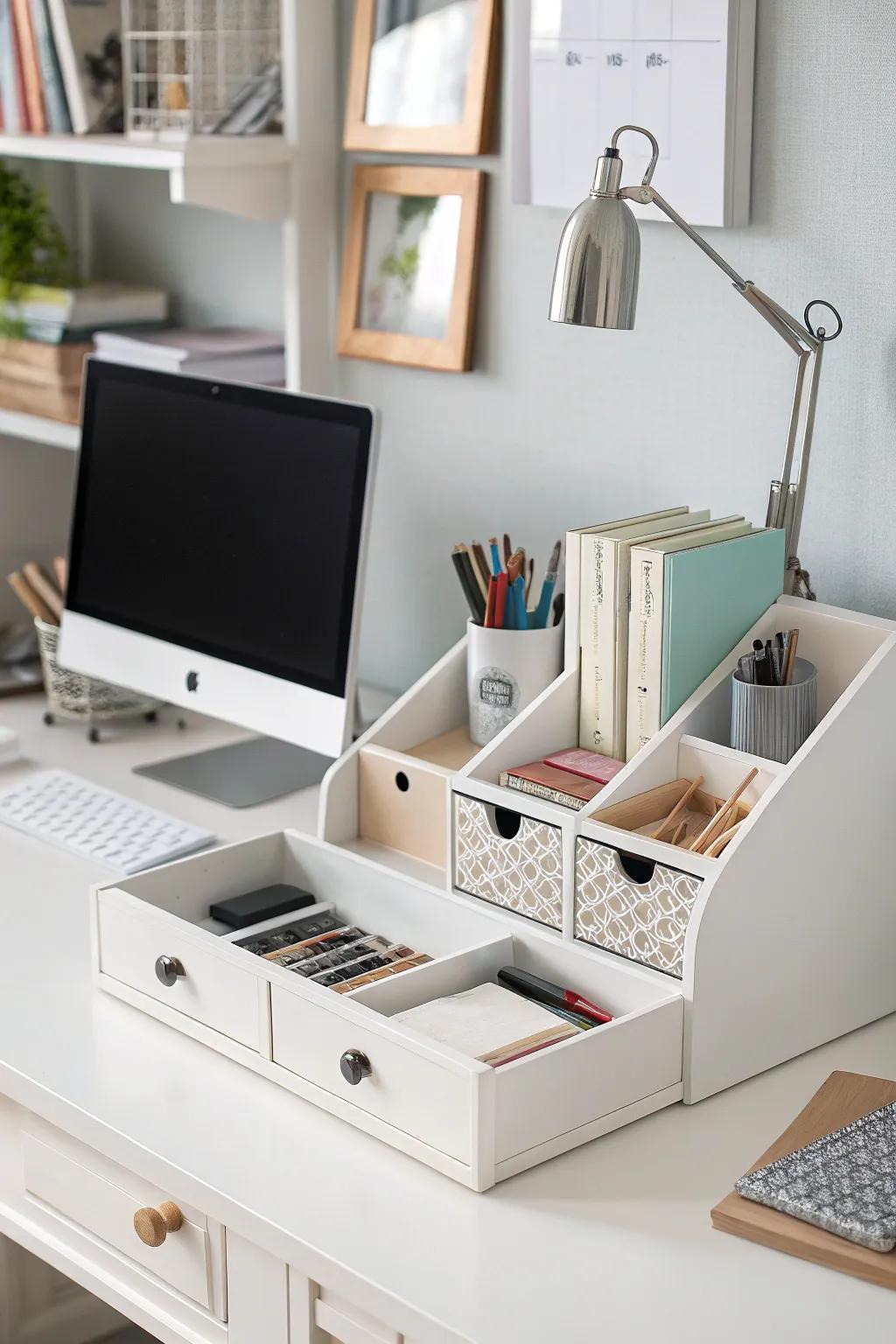 Built-in organizers streamline desk storage efficiently.