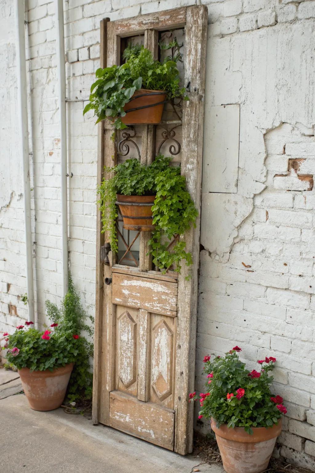 Breathe new life into your garden with a charming, repurposed door planter holder.