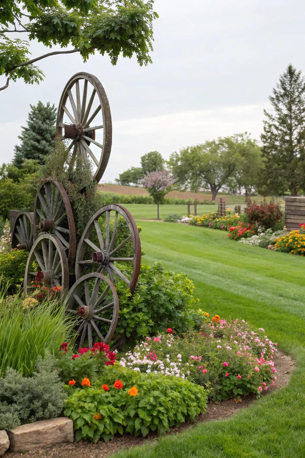 Stacked wagon wheels make a striking garden sculpture.