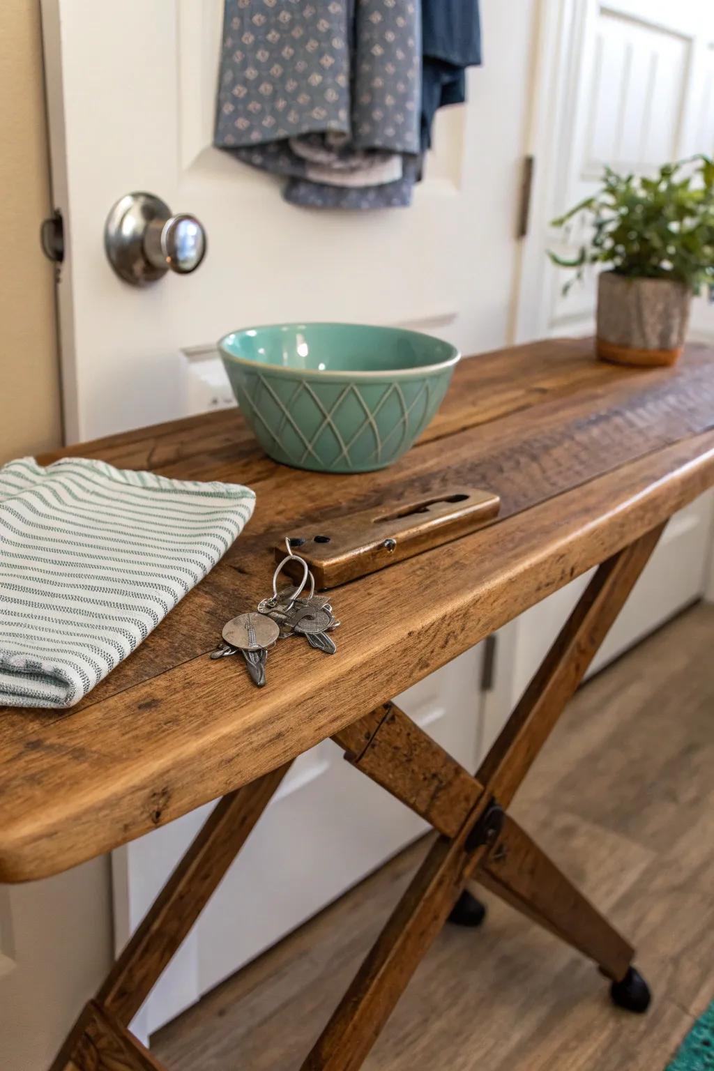 Welcome guests with a vintage entryway table made from an ironing board.