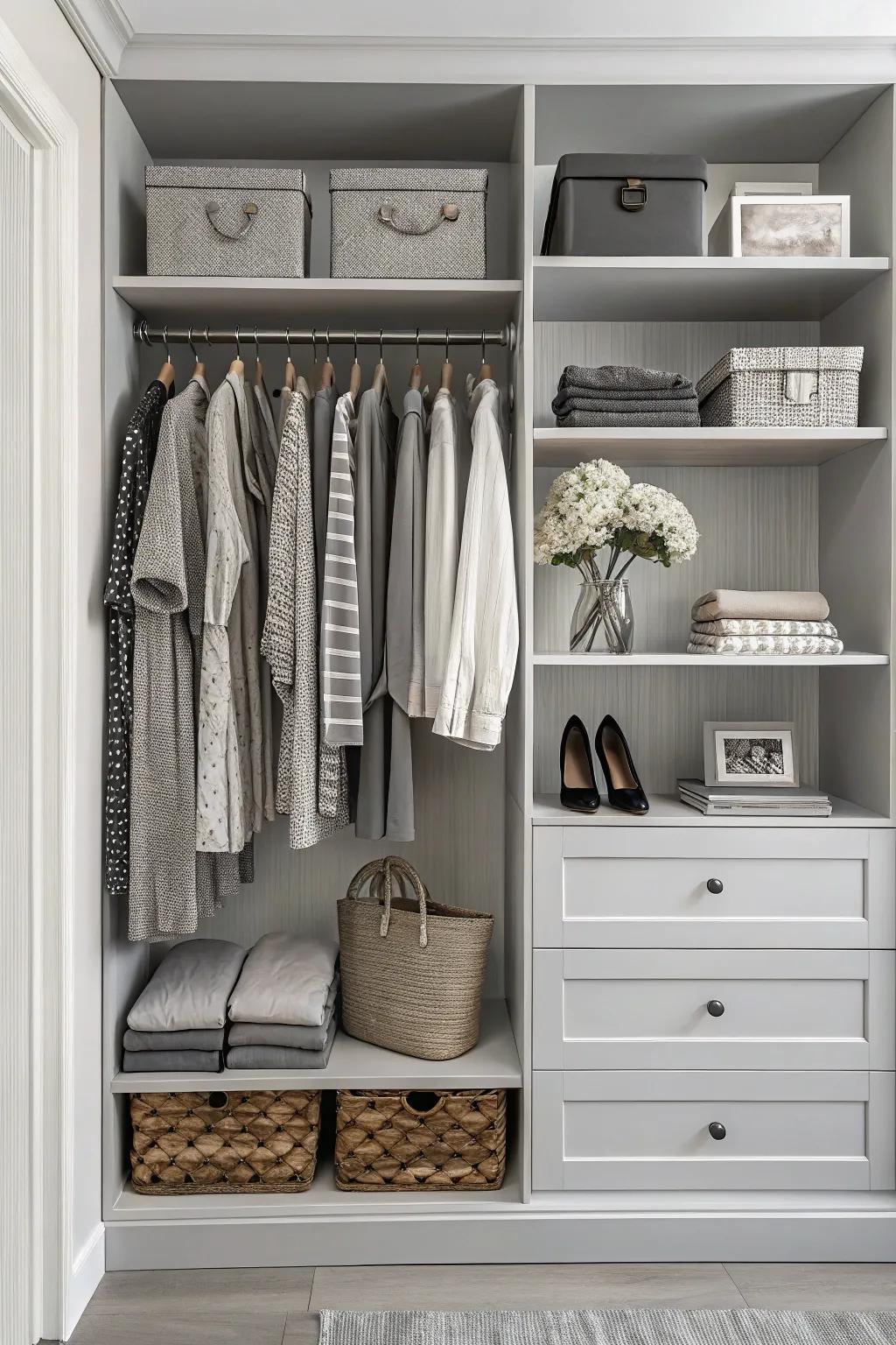 A monochrome open closet with coordinated clothing and accessories.