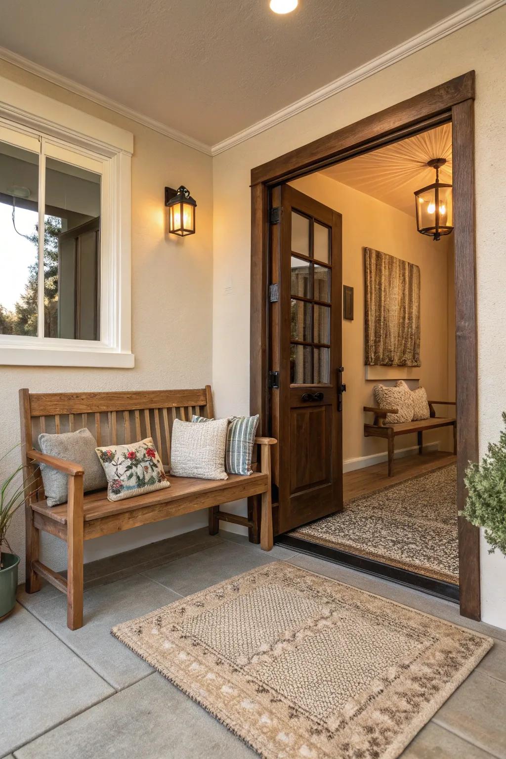 Cozy entryway with a bench and rug.