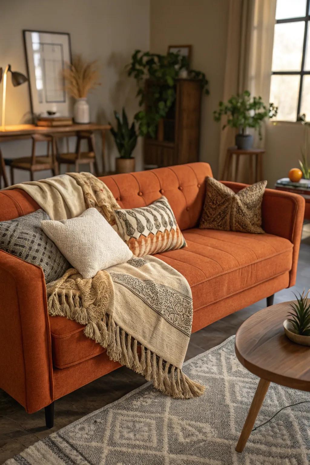 A cozy living room where layered textures complement an orange couch.