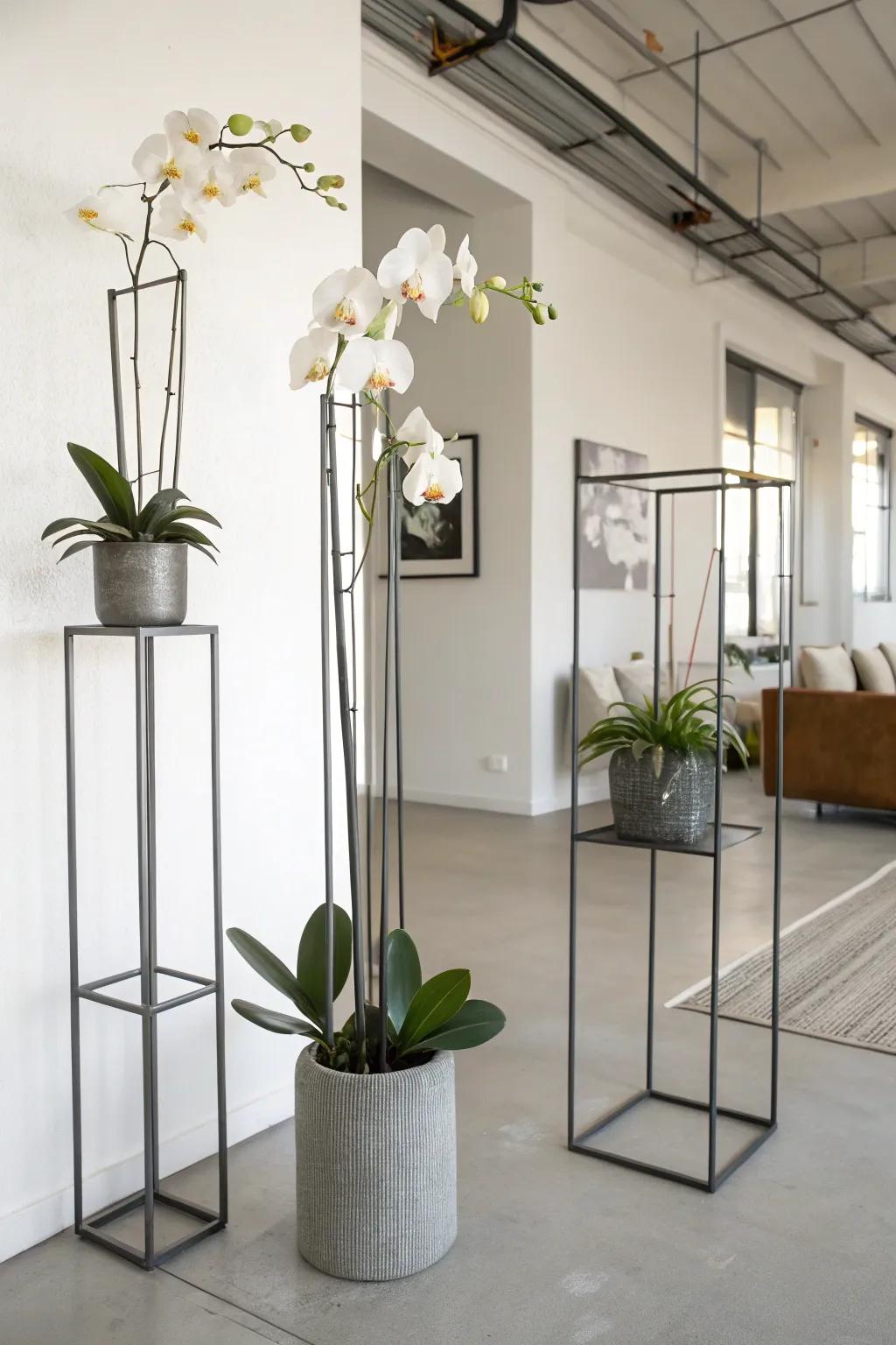 Sleek metal stands displaying orchids in a minimalist loft.