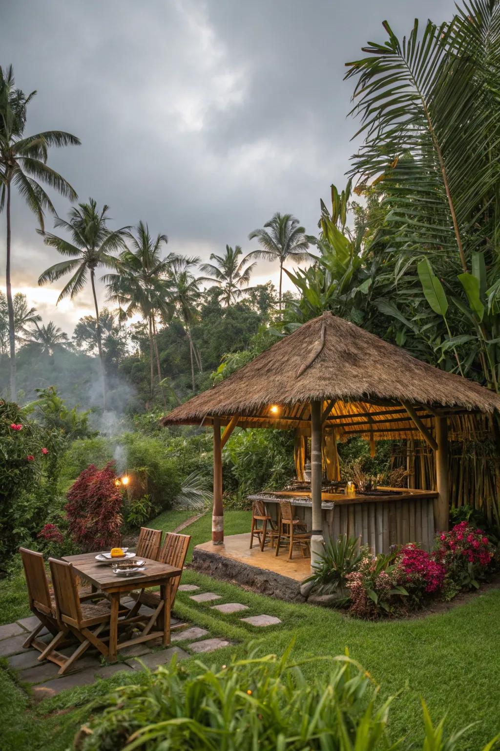 A tropical bamboo hut offering an exotic and relaxing BBQ experience.