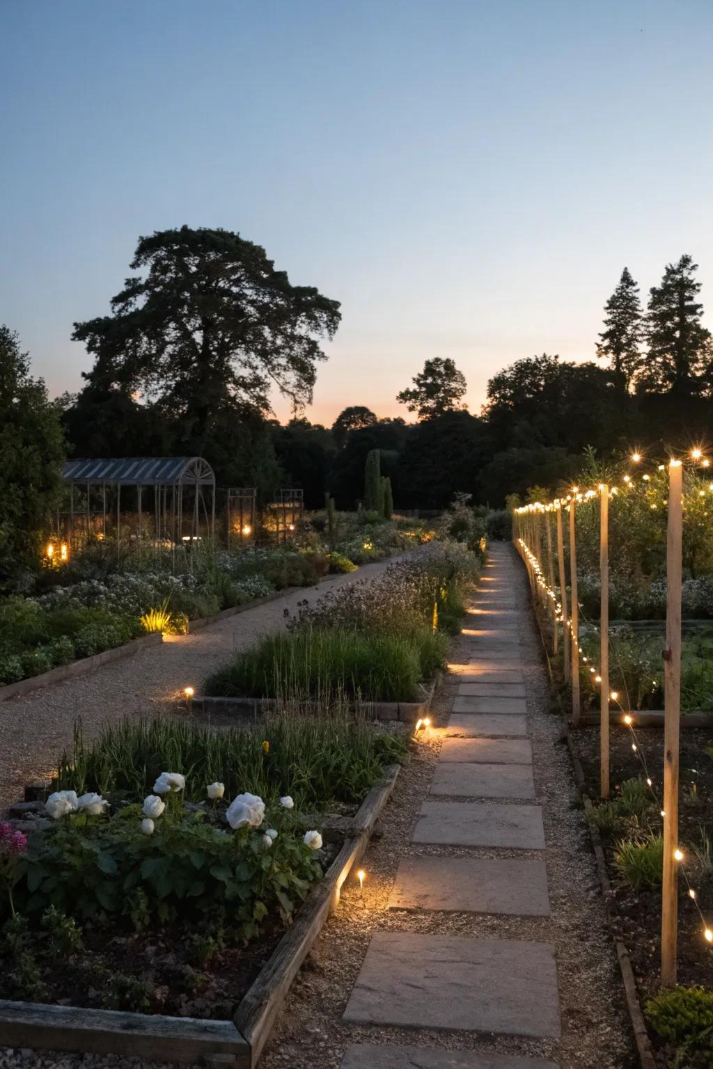 Garden stakes with lights create defined pathways, adding a subtle touch to the festive decor.