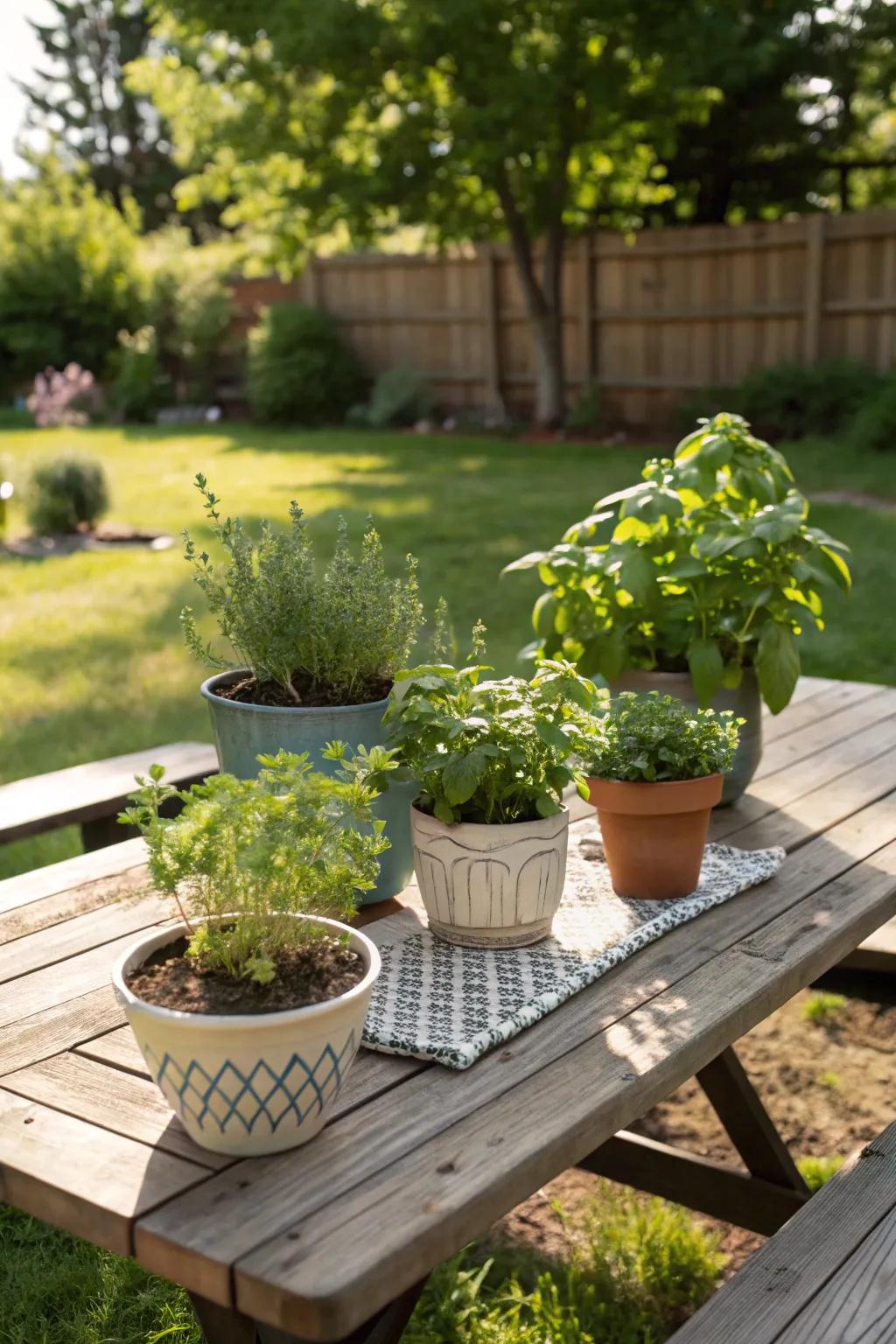 A tabletop herb garden adds greenery and functionality to your picnic table.