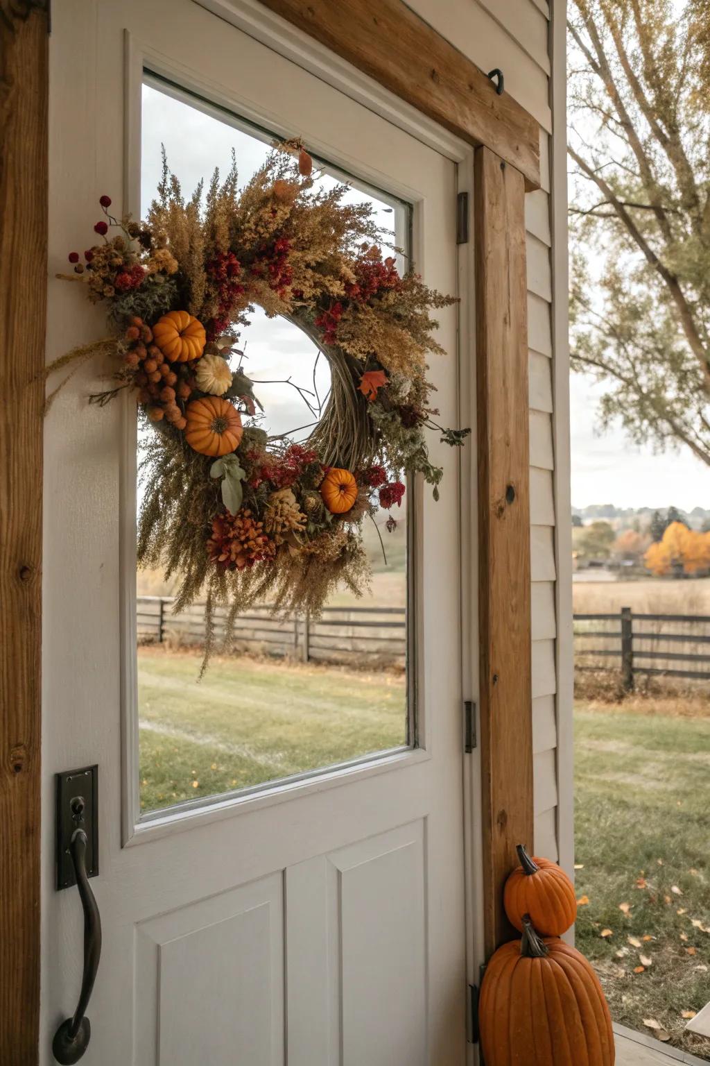 A harvest wreath welcomes guests with seasonal elegance.