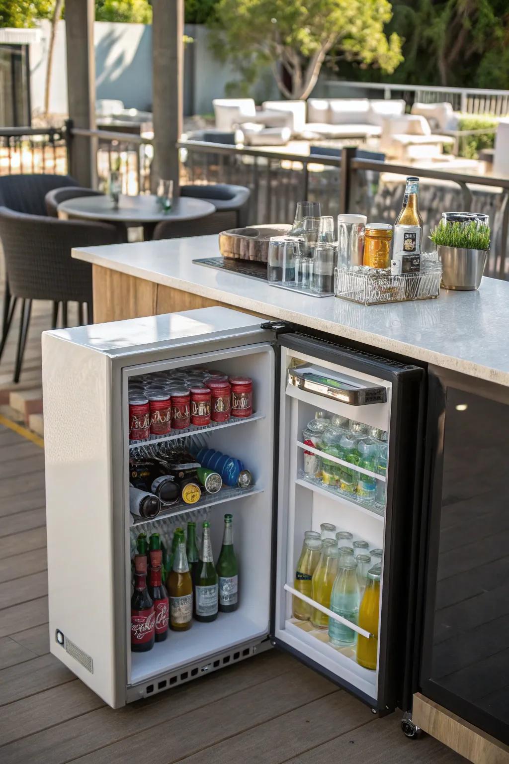 A beverage bar setup turns your outdoor fridge into a social hub.