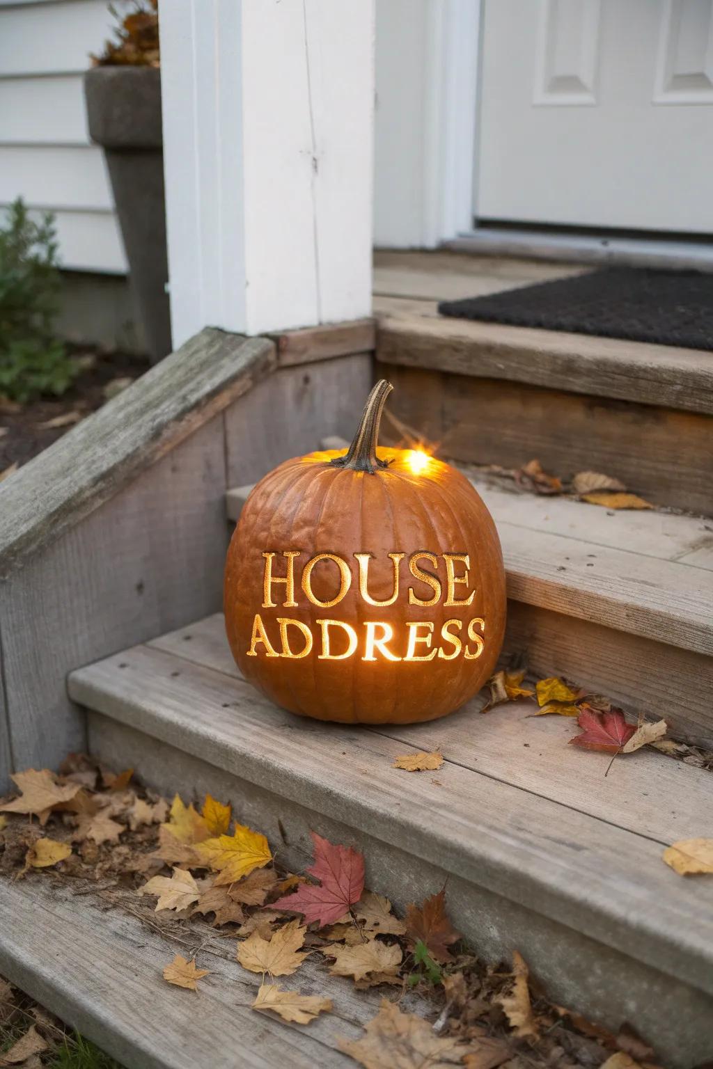 Illuminate your doorstep with a charming street address pumpkin, blending minimalist design with autumnal warmth.