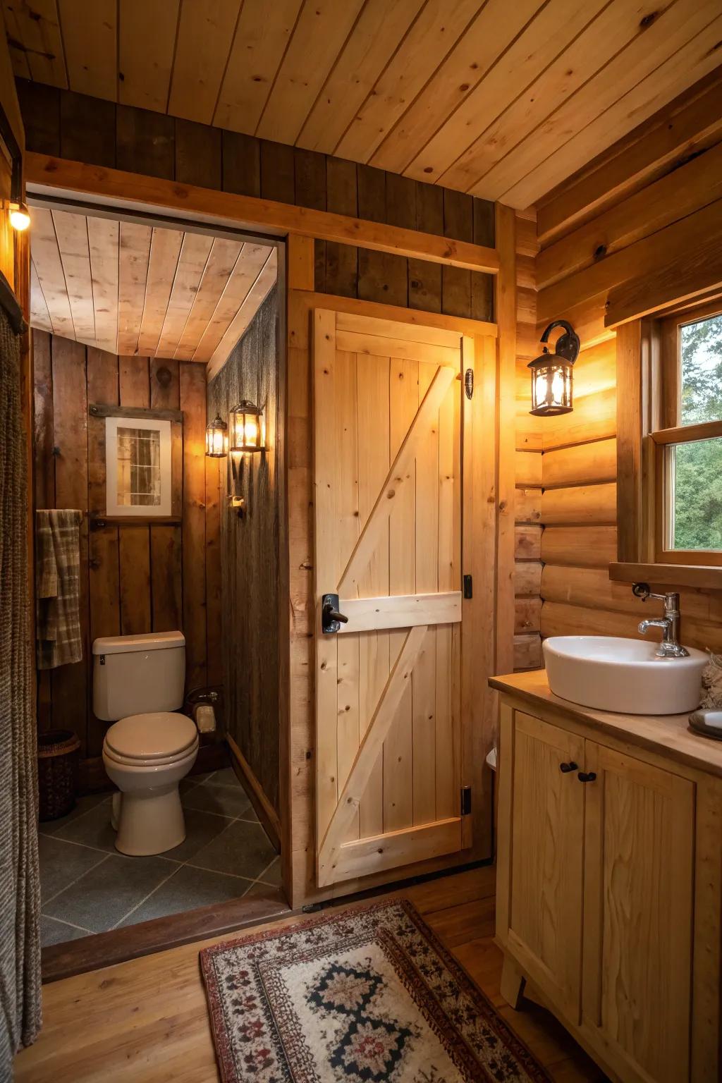 Ambient lighting creates a warm and inviting outhouse bathroom.