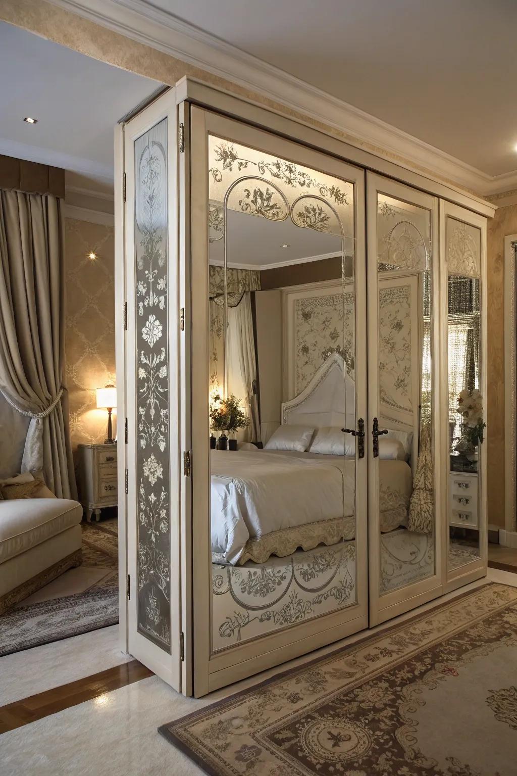 Etched designs add a delicate touch to mirrored doors.