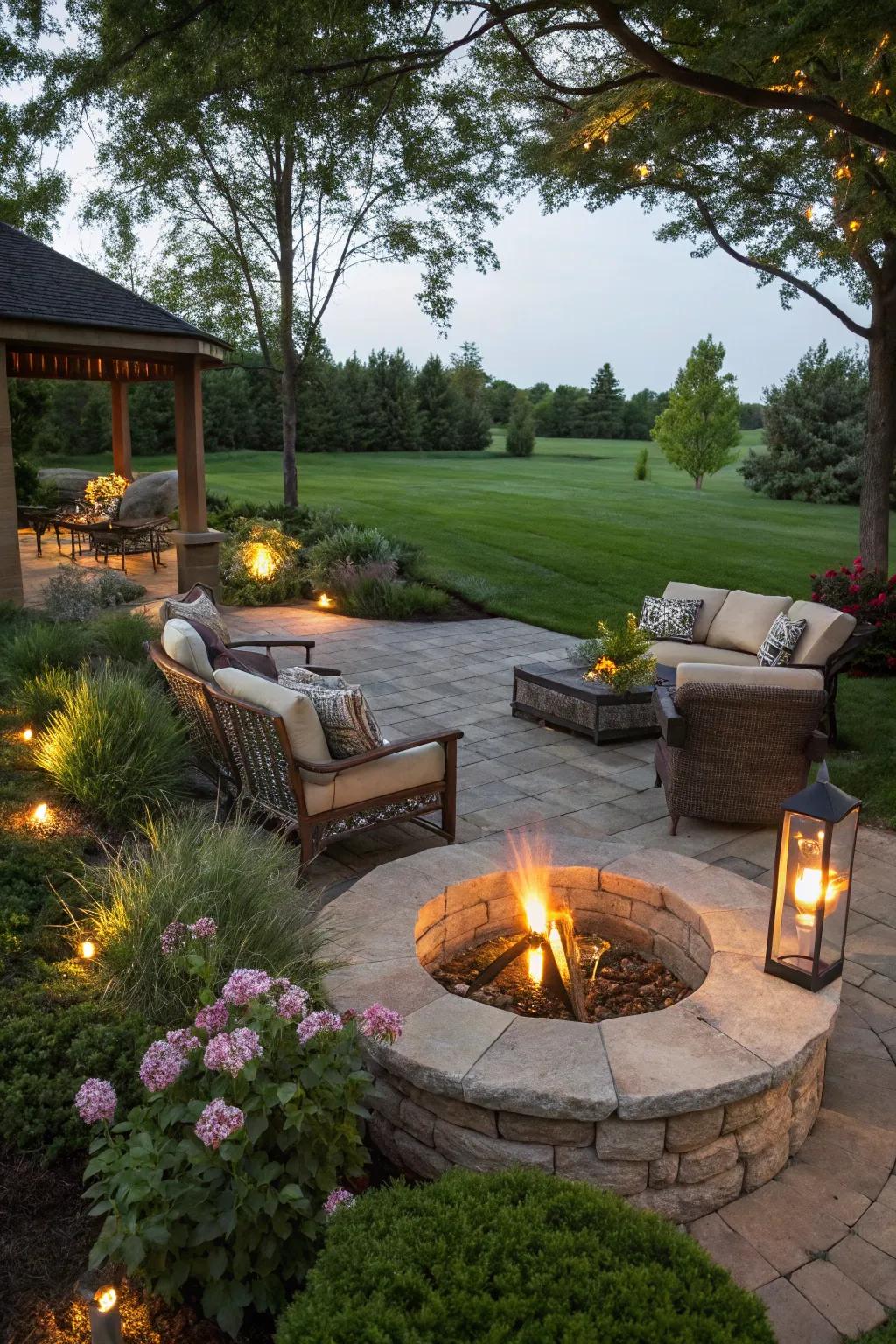 A fire pit creates a cozy focal point for garden gatherings.