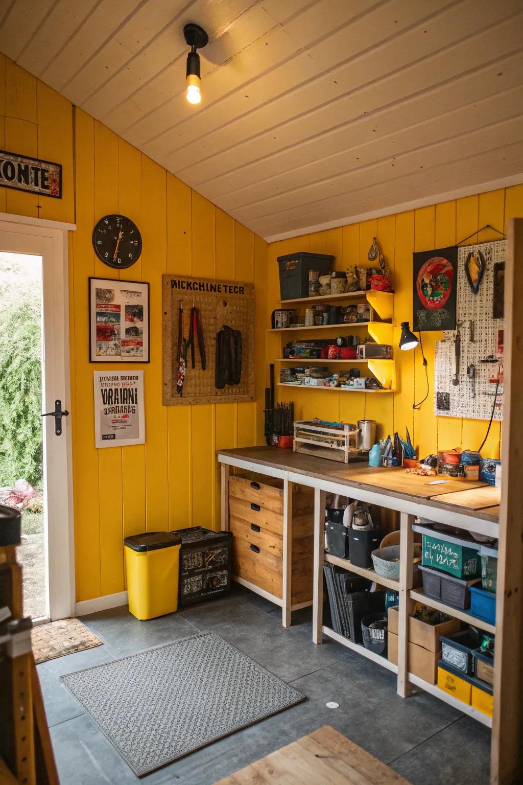 Mustard yellow walls create a lively and cheerful crafting environment.