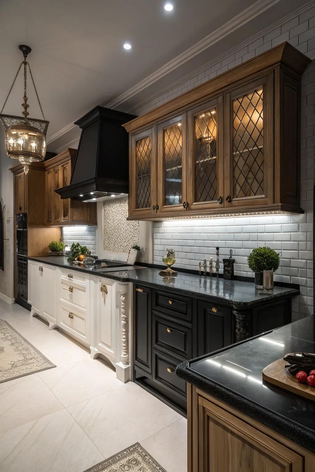 Elegant black countertops create a striking contrast.