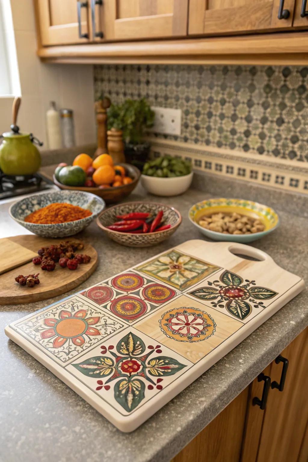 A cutting board featuring intricate ethnic patterns, celebrating cultural diversity.