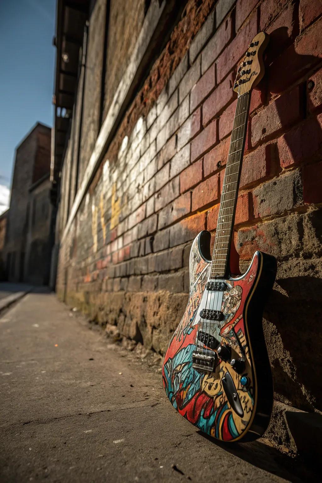 Unleash the rhythm of the streets with a guitar that speaks volumes in color and style.