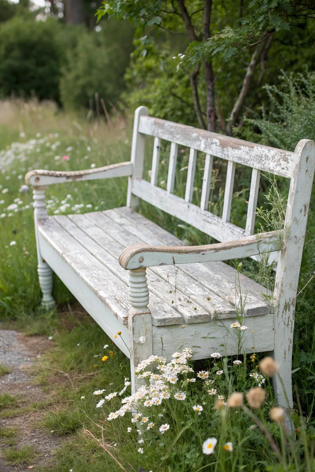Embrace nostalgia with this distressed vintage bench, a perfect blend of shabby chic and minimalist elegance.