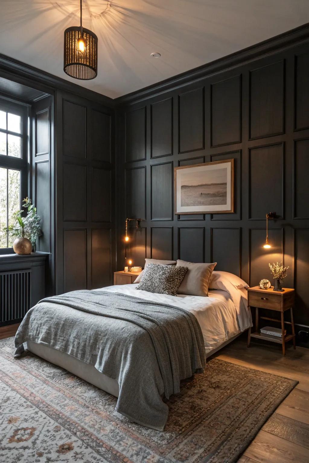 Dark paneling creates a cozy, intimate setting.