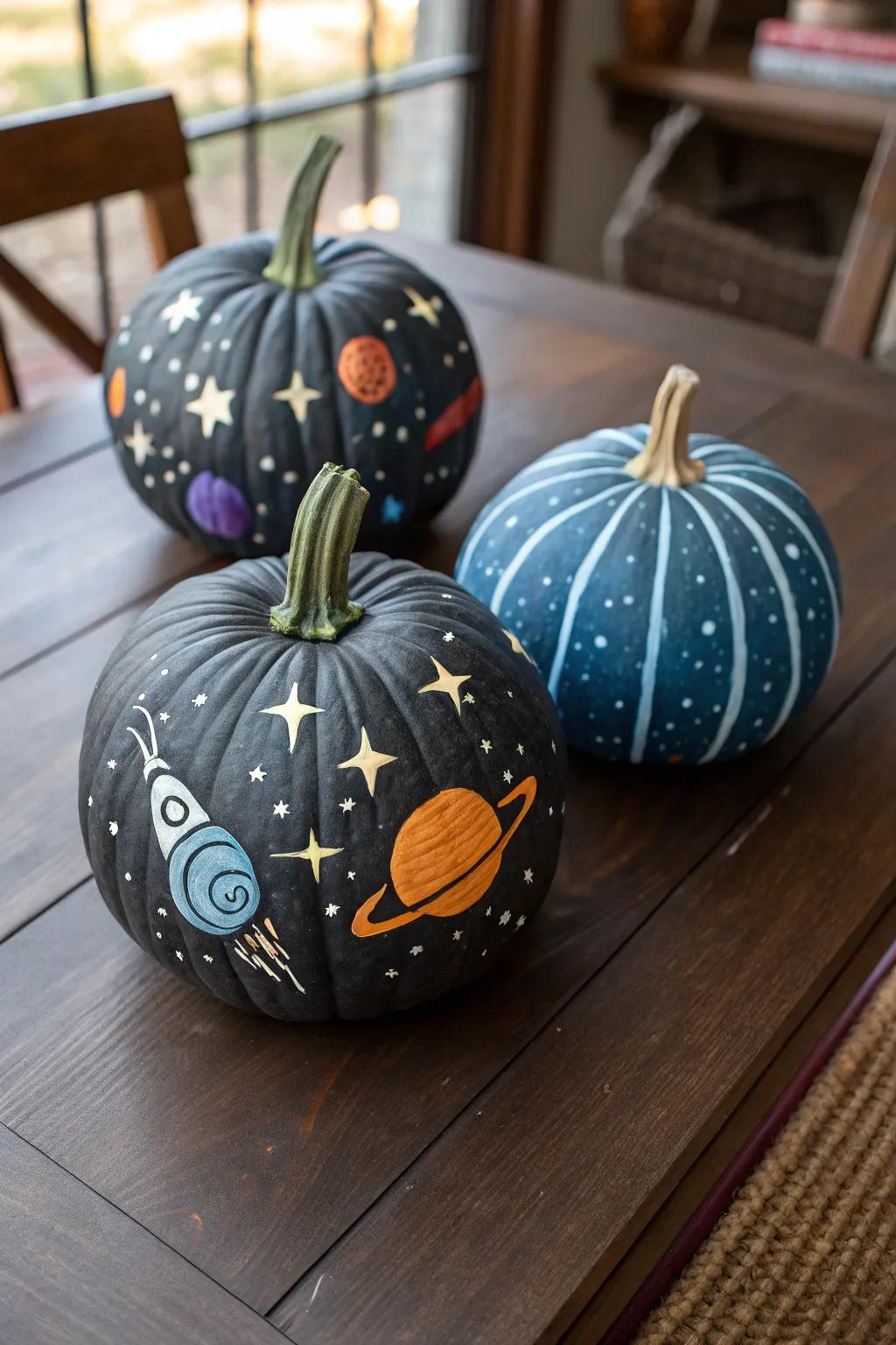 Galaxy pumpkins offer a cosmic and magical touch.