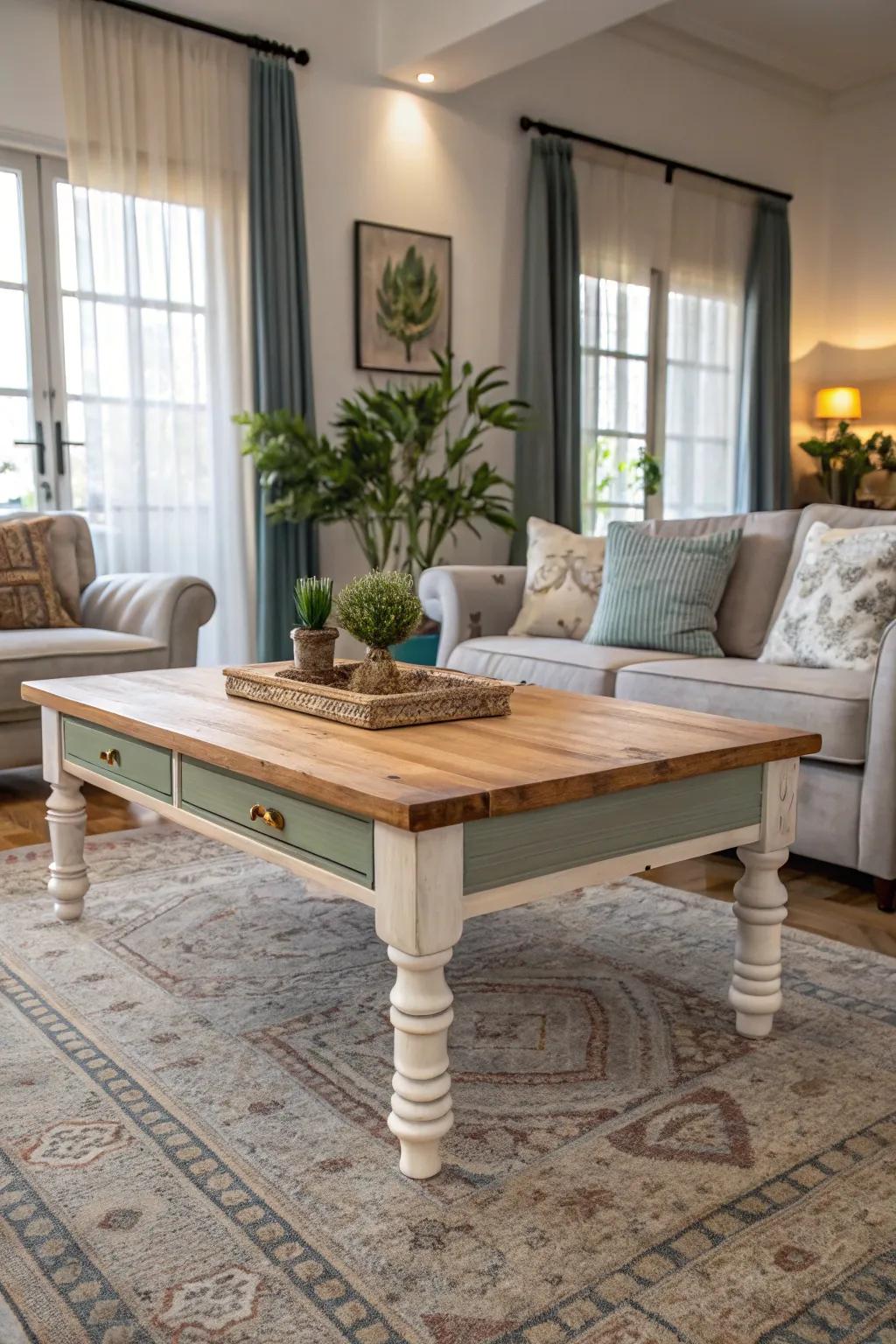 A coffee table with a subtly painted base.