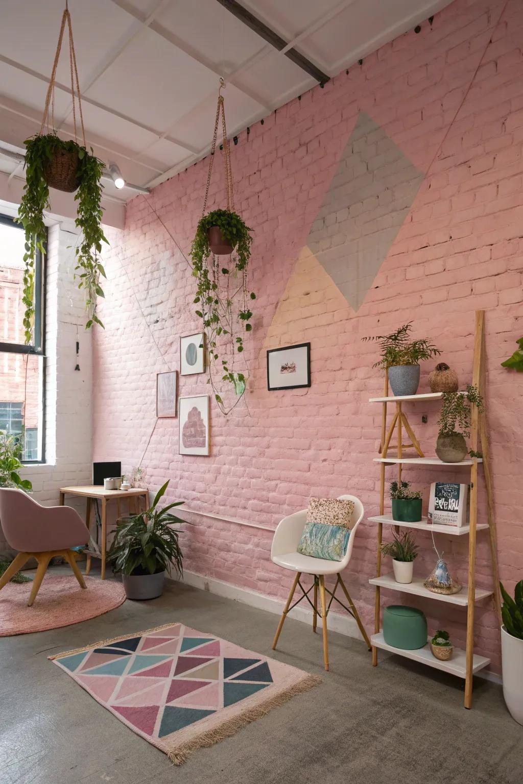 Subtle pink painted brick walls adding whimsy and romance to the studio.