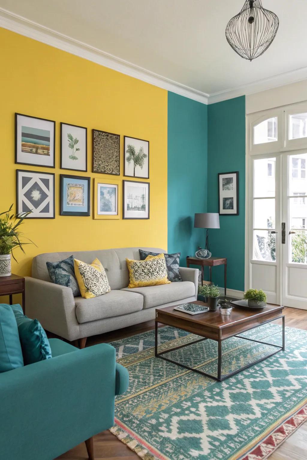 Color blocking with yellow creates a vibrant and energetic living space.