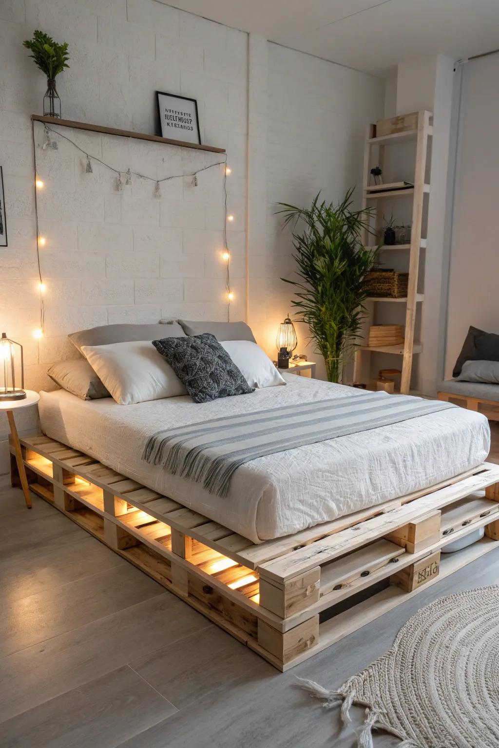 A pallet bed with LED lights offers a modern touch and a cozy glow.