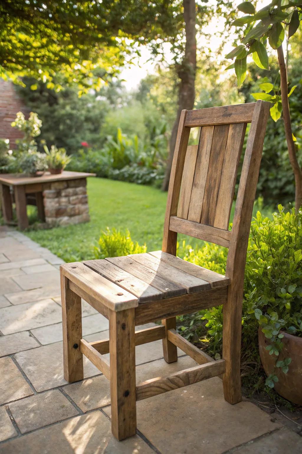 Crafted for Comfort: Elevate your outdoor dining with a rustic pallet chair masterpiece.